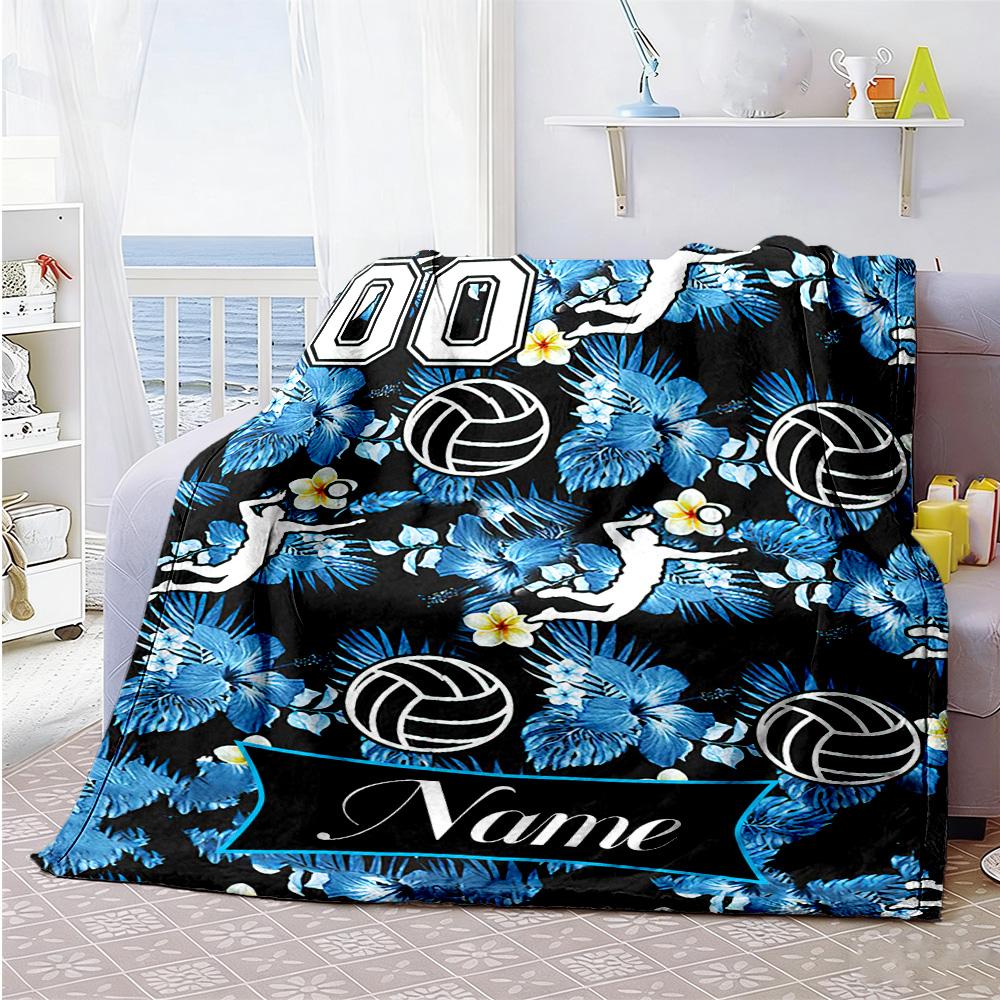 Blue Flower Volleyball Personalized Name Blanket Throw Personalized Blanket Warmthful Decor Suitable for Bedding Office Seaside Sofa