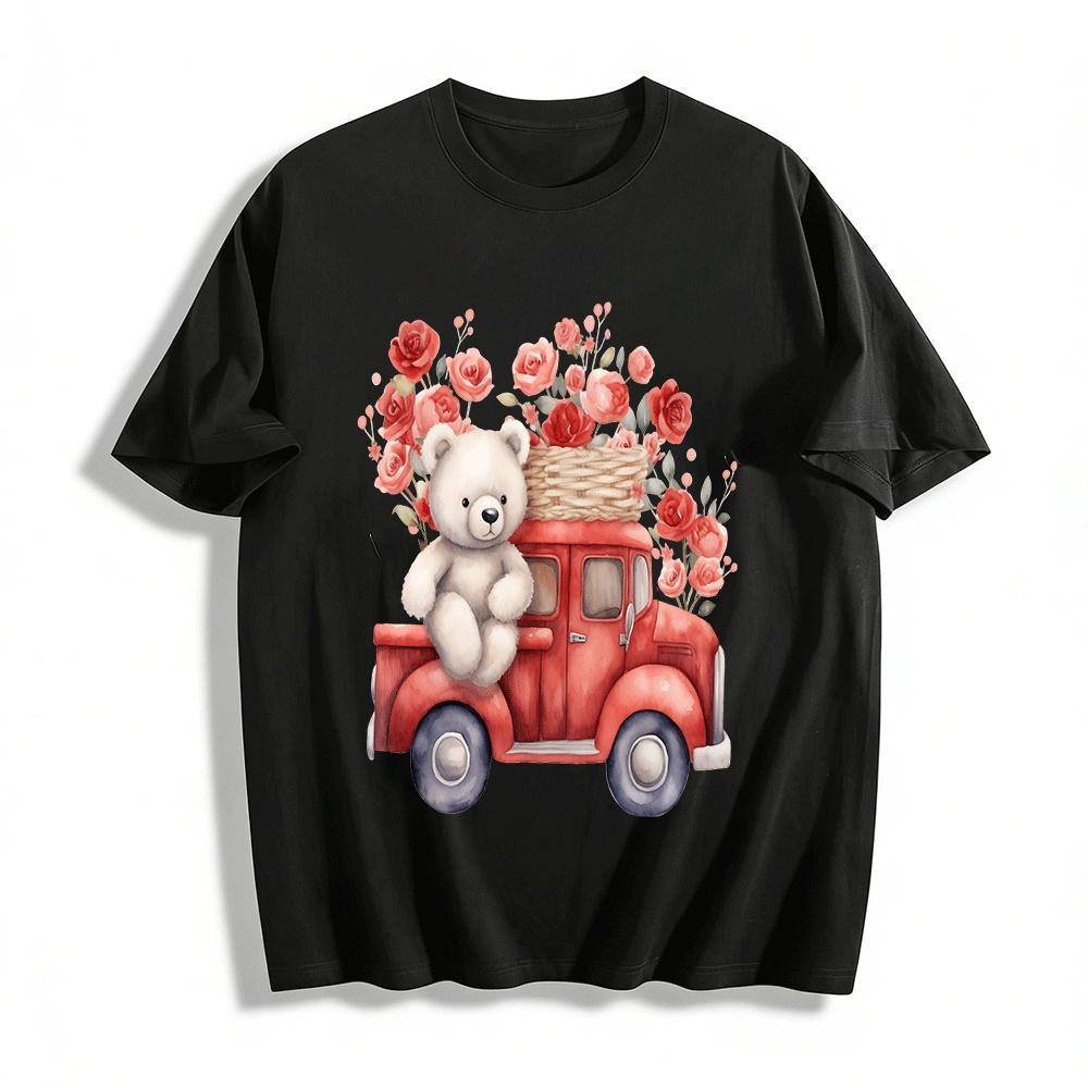 

Cute Teddy Bear Red Truck Rose Print Casual Top Pure cotton T-shirt XXS