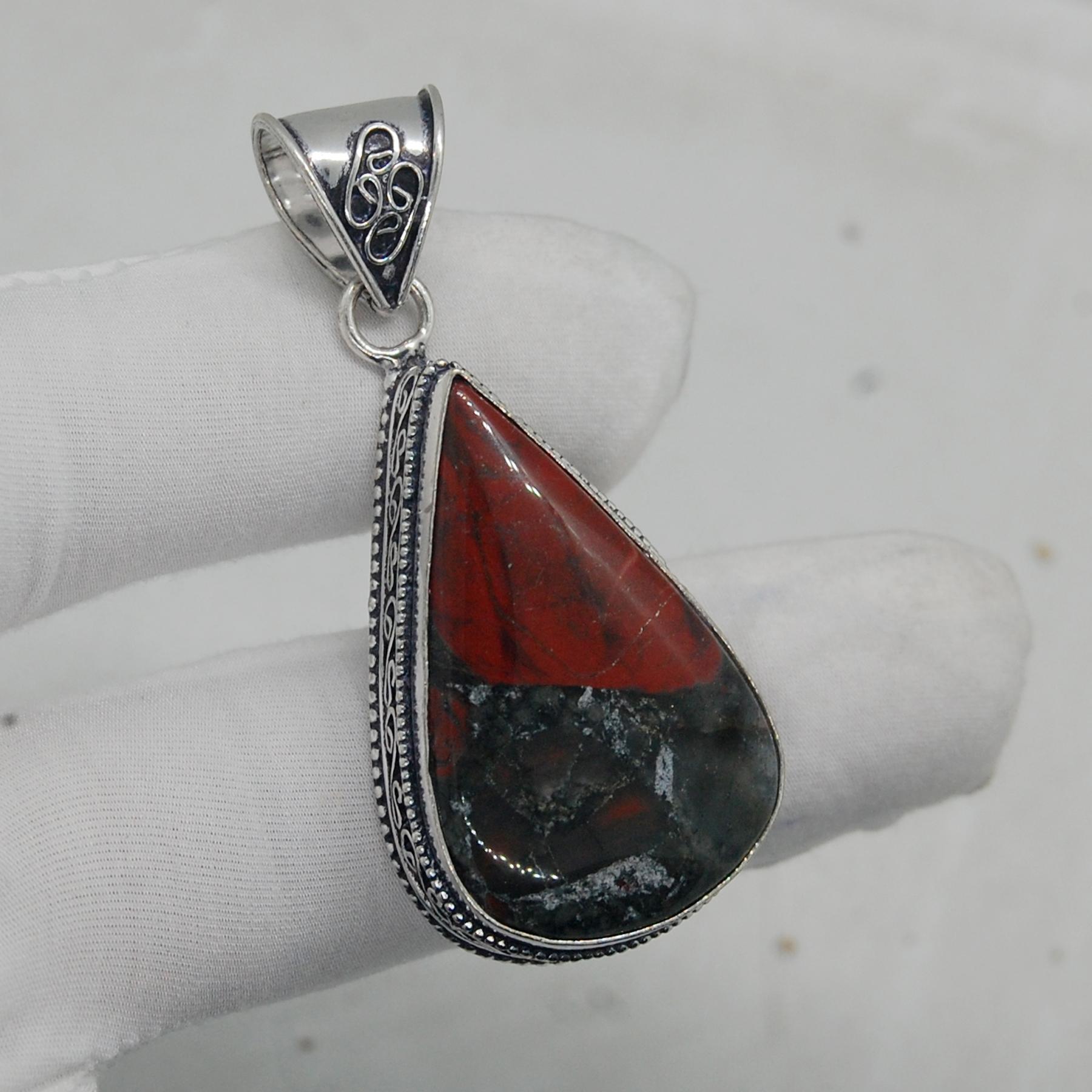 

Pear Cab African Bloodstone 925 Sterling Silver Pendant, Designer Boho Pendant