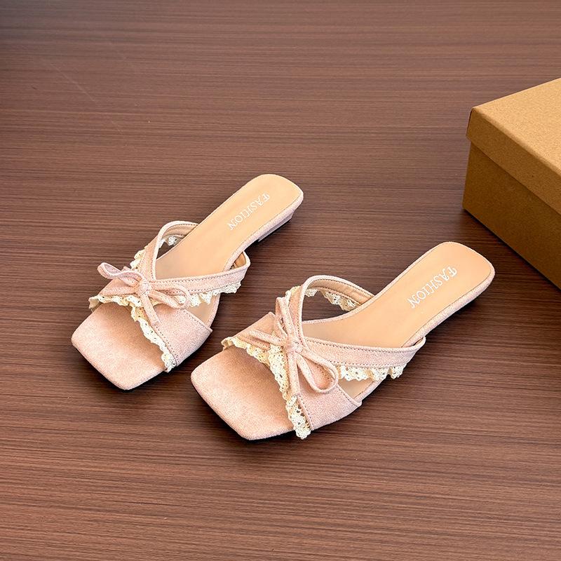 2025 summer new gentle fairy low heel cool slippers women's casual with skirt bow open toe fashion women's shoes