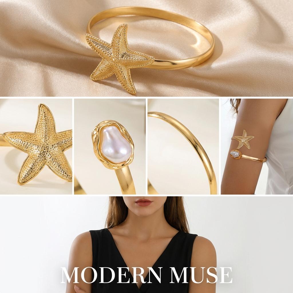 Mermaidcore Starfish Upper Arm Cuff Bracelet Gold Color Pearl Charm Armlet Bangle Summer Ocean Beach Jewelry for Women Girls
