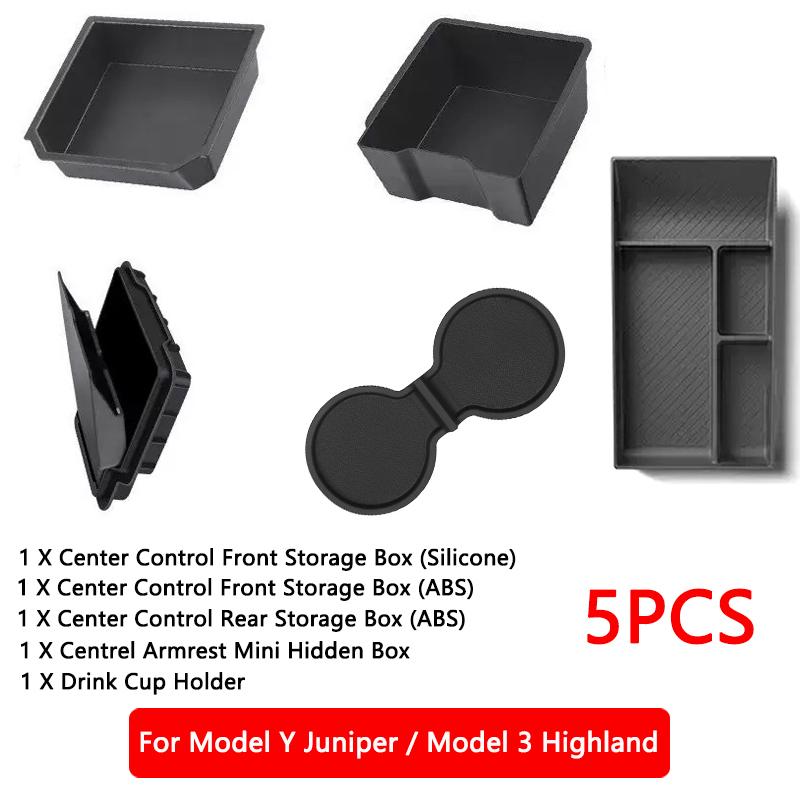 Für Tesla Model Y Juniper Model 3 Highland Mittelkonsolen-Organizer Armlehne Versteckte Aufbewahrungsbox vorne und hinten Untere Silikonmatte