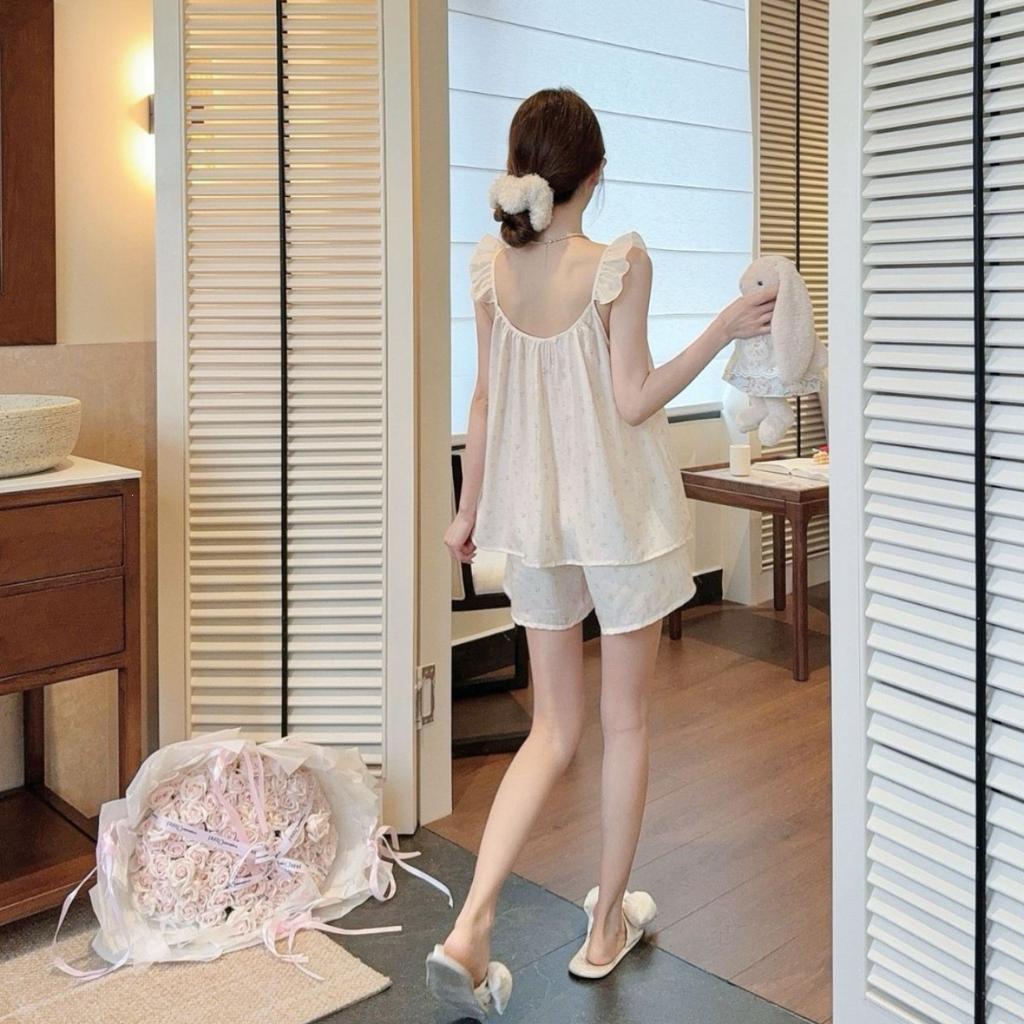 Summer new Tencel polka dot pajamas women's chest pad thin suspenders shorts set sweet wood lyocell girl home