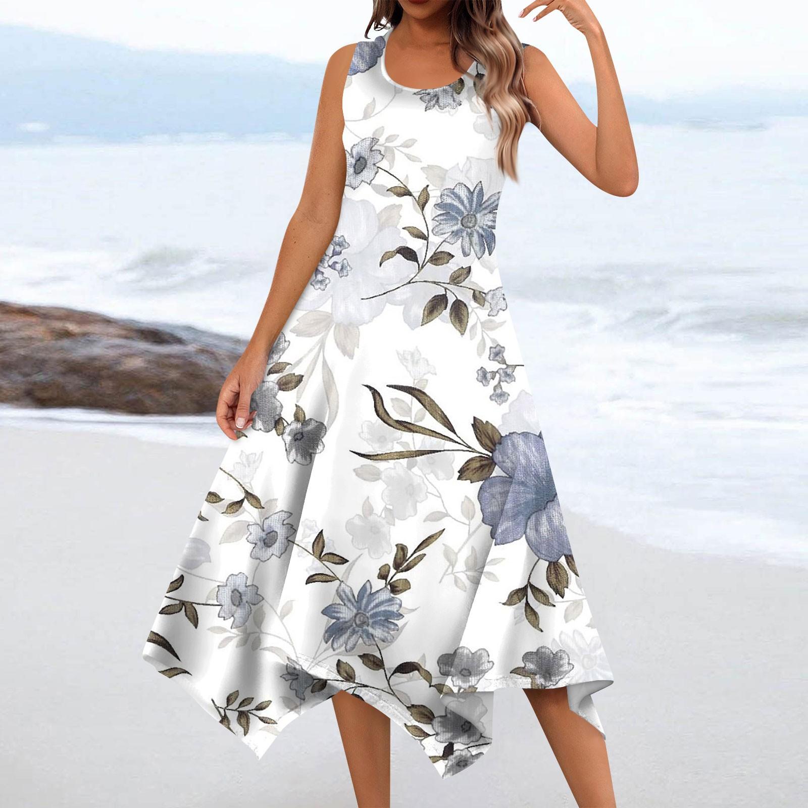 

Женское повседневное модное платье миди без рукавов с круглым вырезом и цветочным принтом, нерегулярный подол XL белый