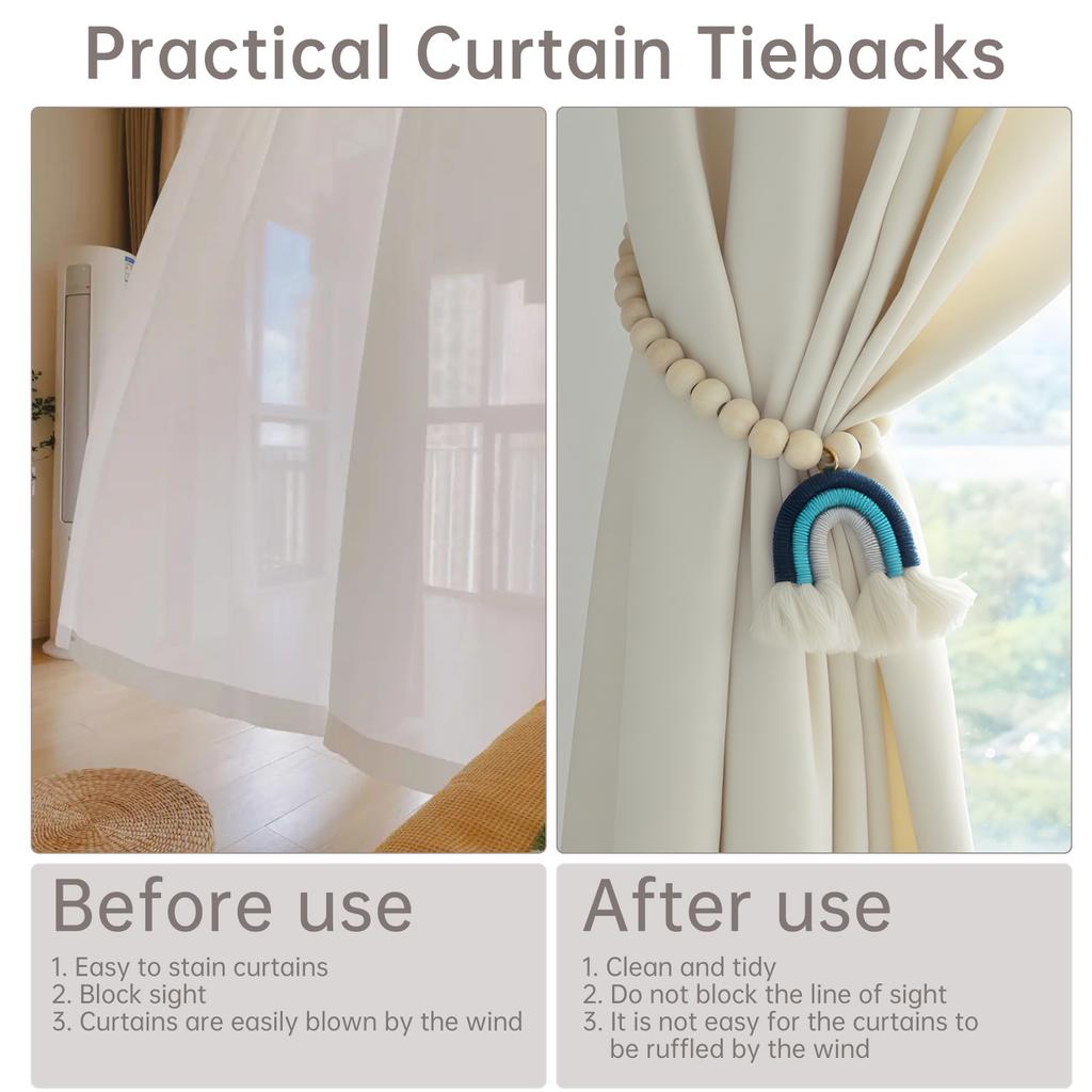 2 pcs Magnetic Wooden Bead Curtain Tiebacks Minimalist Rainbow Tassel for Bedroom Living Room Patio