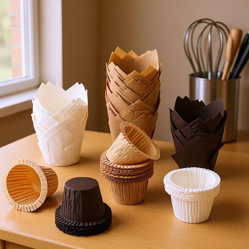 50pcs Tulip Paper Cups Cake Cup Oven High Temperature and Oil Resistant Flame Cups Disposable Oil Proof Liner Paper Holder Bread Baking Mold