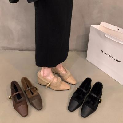 French Low-Heeled Plush Shoes Mary Jane Single Shoes Women'S Shoes Season Warm Cotton Shoes Evening