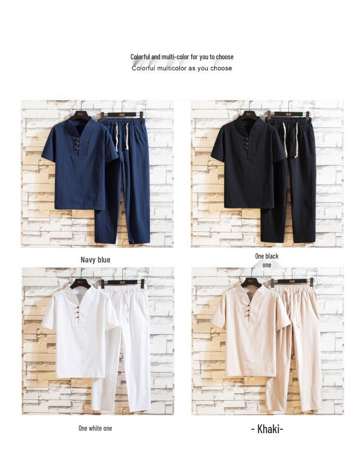 2024 Summer Men's Plus Size Retro Chinese-Style Loose Linen Two-Piece Set
