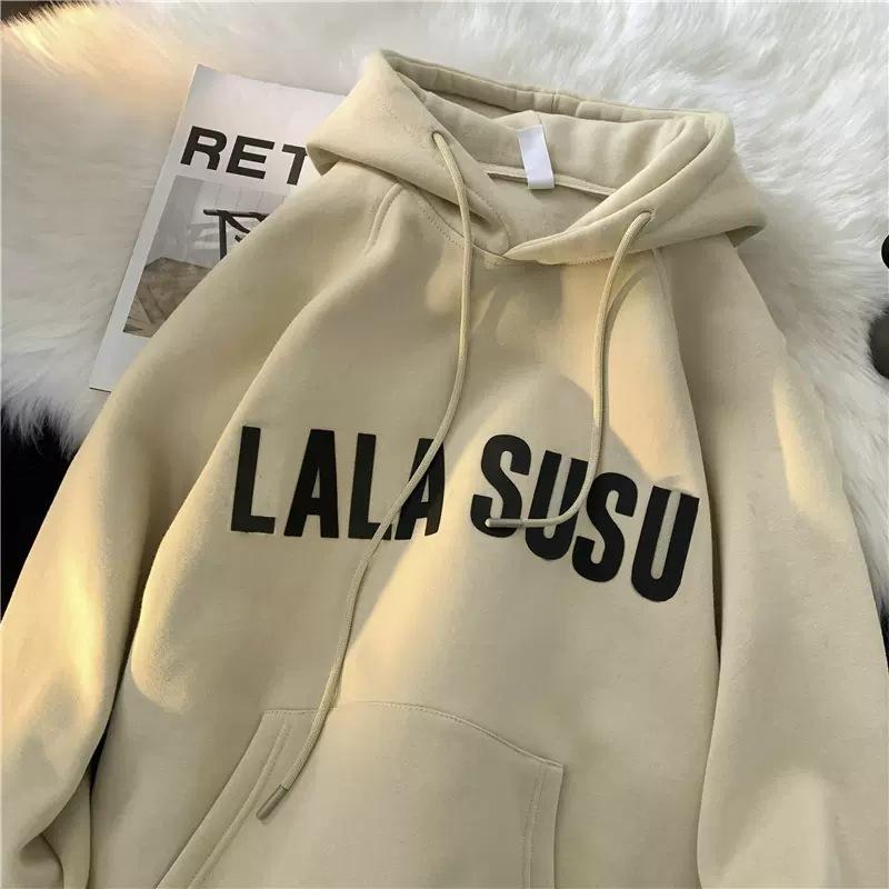 2025 New Casual Hooded Plus Velvet Sweater Solid Color Letter Printing Loose American Style Versatile Retro Coat