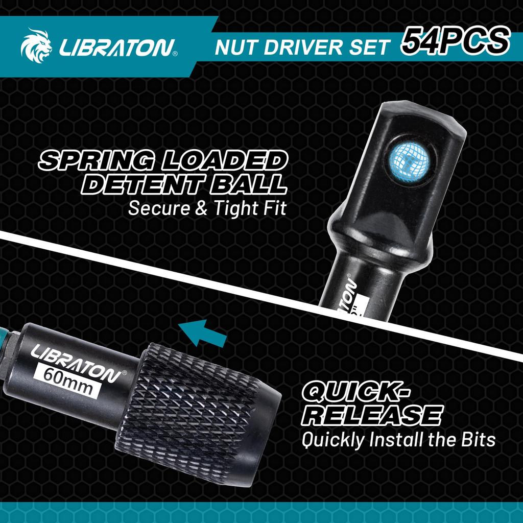 LIBRATON 54-Piece Impact Driver Socket Set, Socket Bit Set, Power Driver Bits, Socket Adapter, Bit Holder, Thumb Screw Socket, and Extension Bar