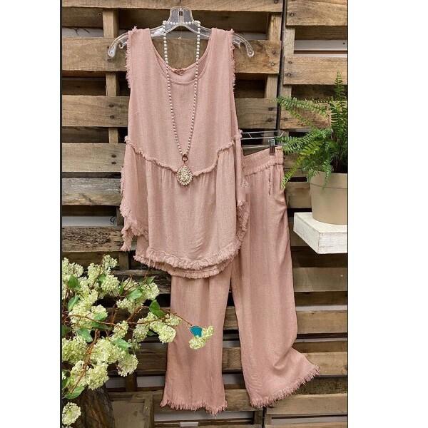 Damen Leinen Tracksuit Sommer - Blumen Muster 2-teilig Jogginganzug