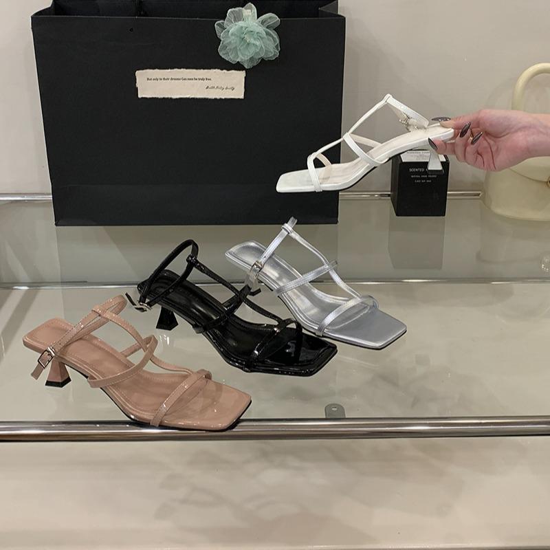 Fashion Cross Female Sandal Med Comfort Shoes for Women Mid-Calf Strap 2025 Summer High Heels Square Toe Girls Medium Buckle High-heeled