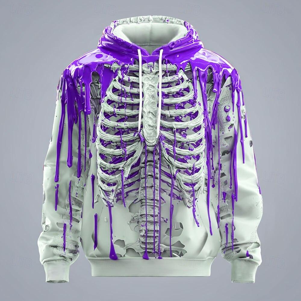 Halloween Men's 3D Skeleton Hoodie Sweatshirt Punk Exaggerated Crew Neck Club Streetwear Lake Blue Red Drawstring Fall Winter