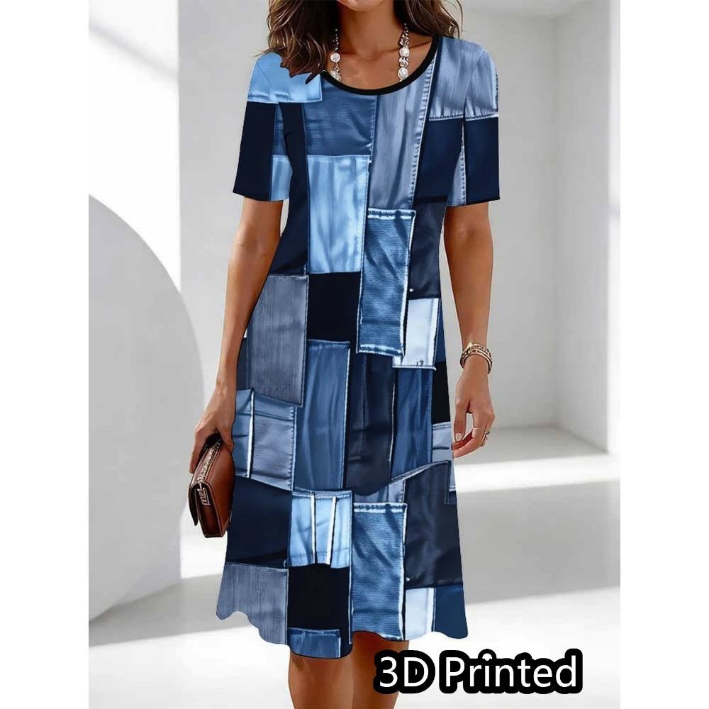 Big Size S-6XL Women's Printed Dress Summer Short Sleeve Round Neck Casual Mini Dress