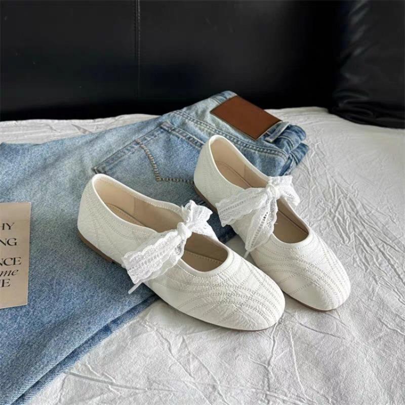 Fashion 2025 New Simple Single Shoes Women's New Round Toe Shallow Mouth Lace Butterfly Knot Soft Knot Mary Jane Flat Single Shoes