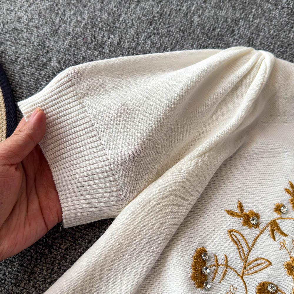 Summer Women O-neck Designer Embroidery Flower Beading Diamonds Knitted Sweater Pullover Tops Tshirt