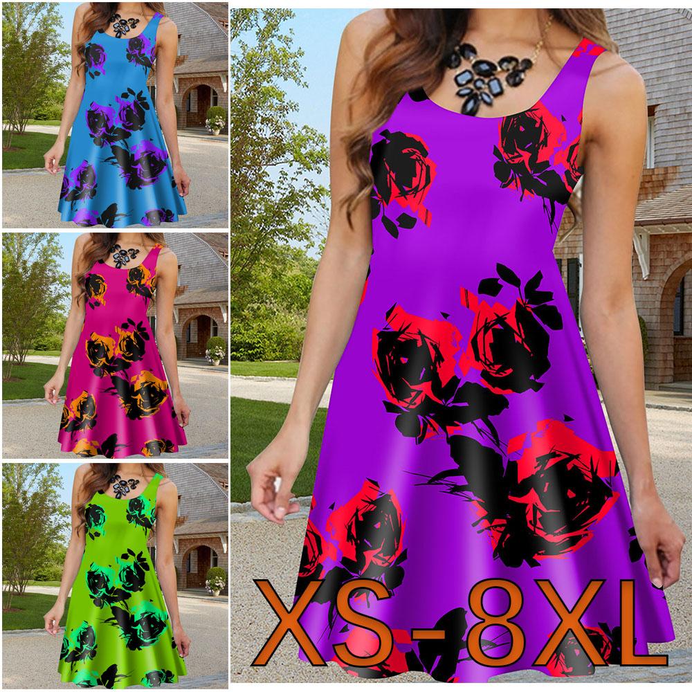 

Женщина с круглым вырезом Цветочный принт Повседневный платье без рукавов Свободное мягкое и удобное платье плюс-сайз XS-8XL