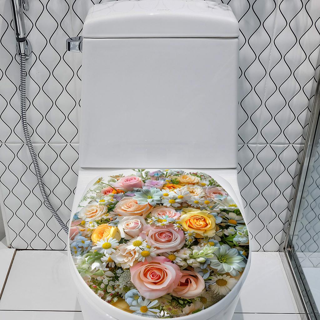 Flower Pattern Bathroom Toilet Seat Decorative Stickers Self-adhesive Waterproof Bathroom Creative Stickers