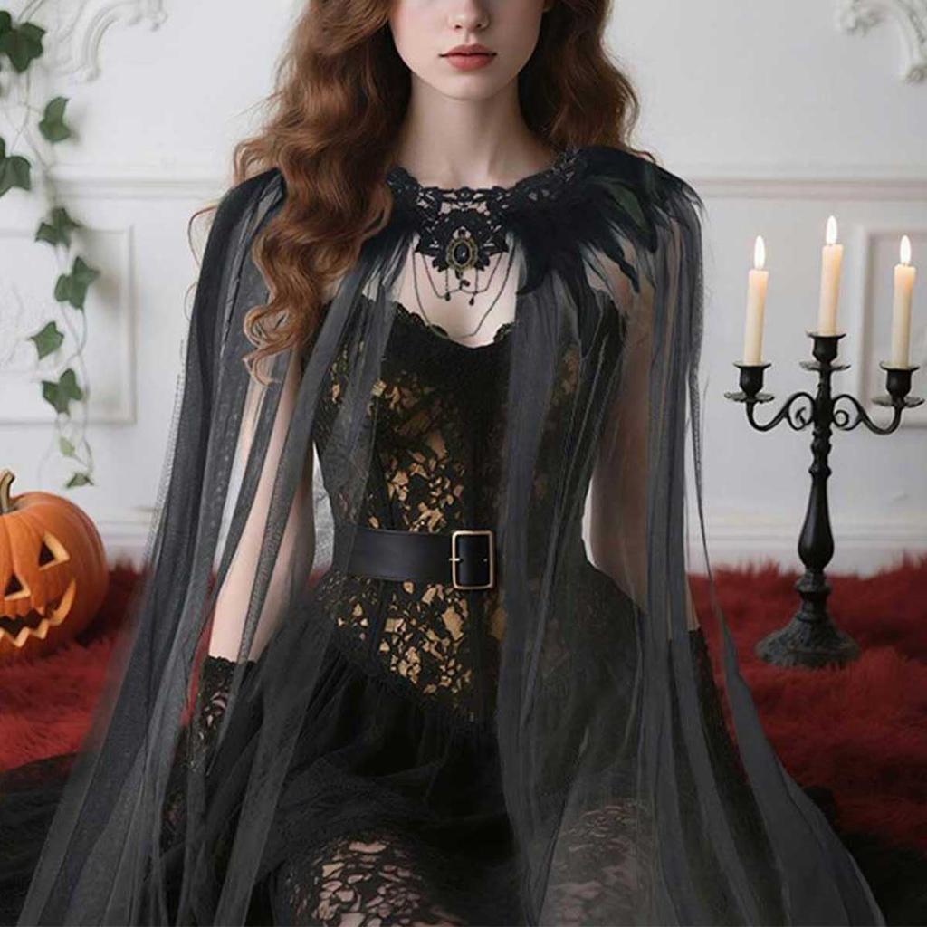 Halloween Women's Gothic Feather Cloak Super Villain Cloak Cape Steampunk Feather Collar Wedding Cosplay Costume