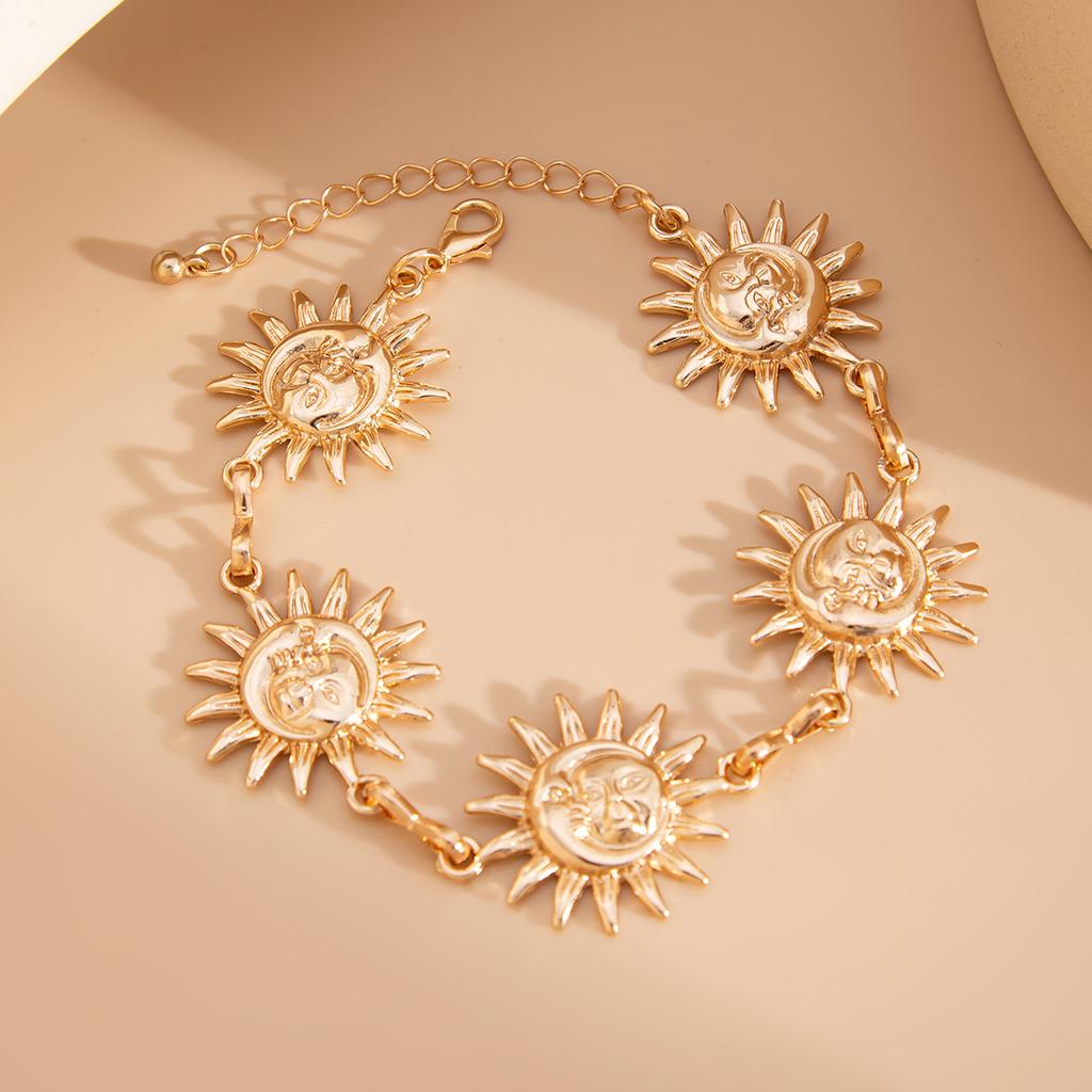 Salircon Vintage Sun Flower People Face Anklet Women Gold Color Elastic Foot Chain Summer Beach Party Female Jewelry
