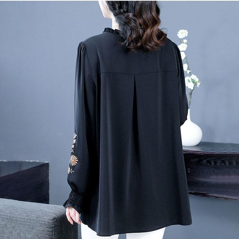 Spring Women Plus Size Blouse Loose Long Sleeve Embroidered Blouse