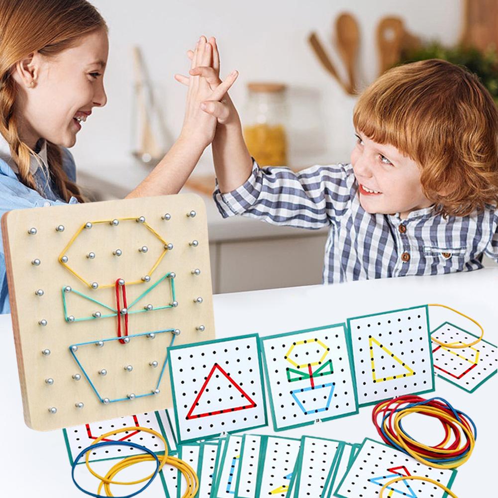 Wooden Geoboard Montessori Toy with Pattern Cards and Rubber Bands Matrix 8x8/7x7 Motor Skills Toy for Kids 3 Years Old and Up