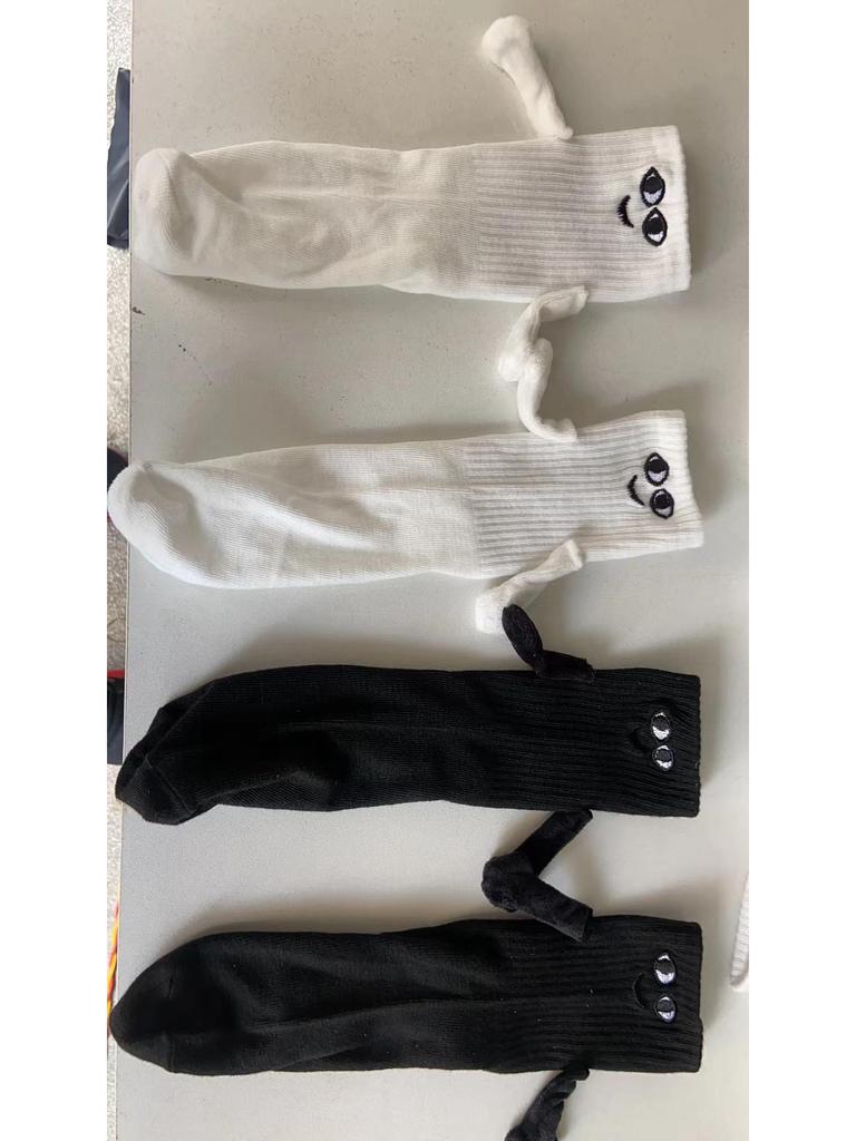Magnetic Couple Socks with Embroidered Eyes and Holding Hands Design