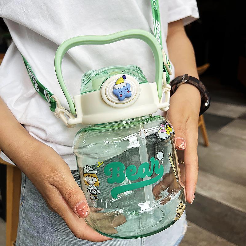 Water bottle summer cute student double drink straw plastic cup large capacity fashion big belly water cup children