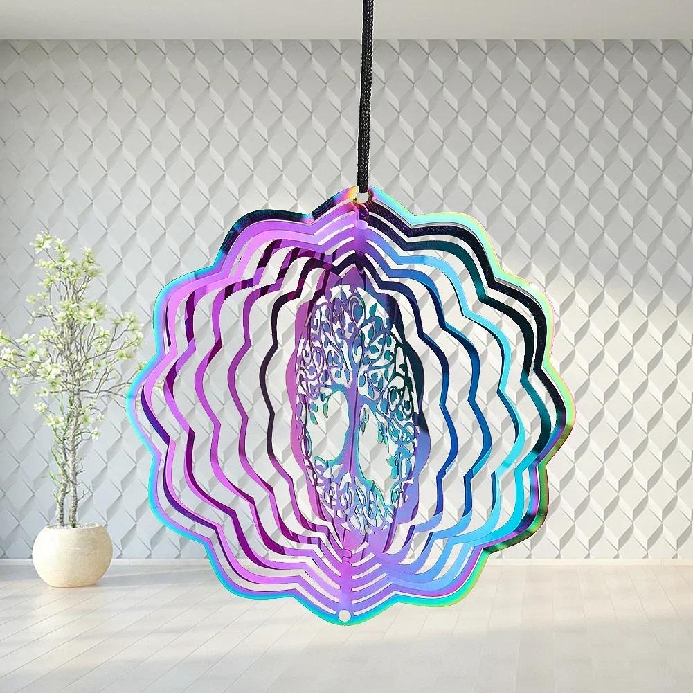 Gradient Color Tree of Life Wind Spinner Stainless Steel 3D Rotating Wind Chimes Catcher Pendant Home Decor Garden Bird Repeller