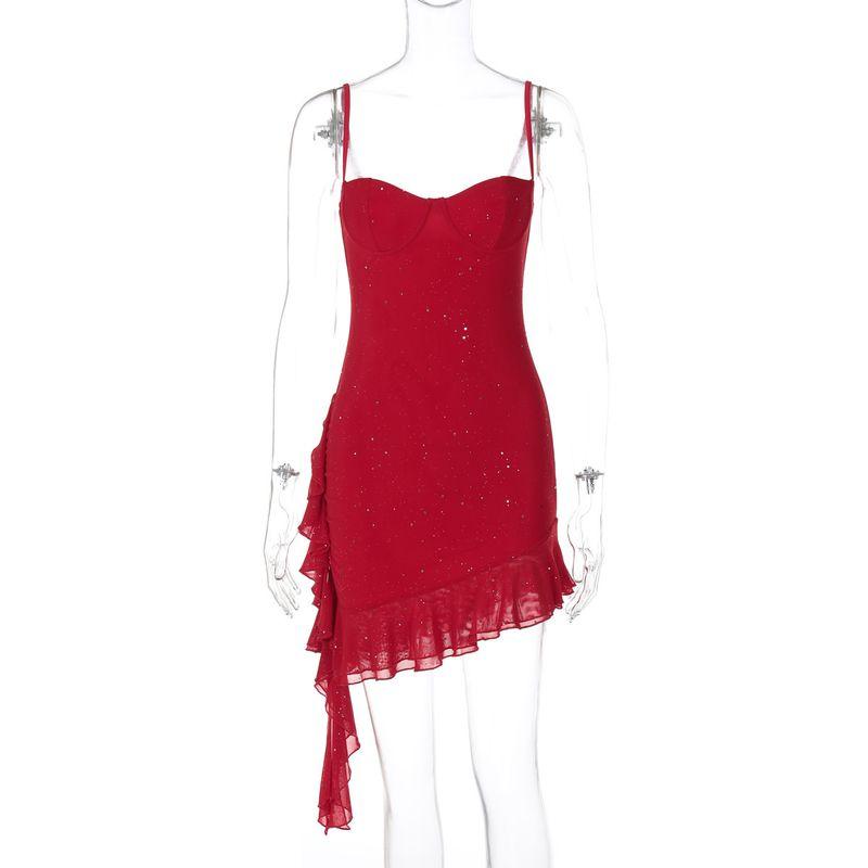 

Chest Hugging Sequined Camisole Dress Chest Wrap Sequin Sling Dress Red L