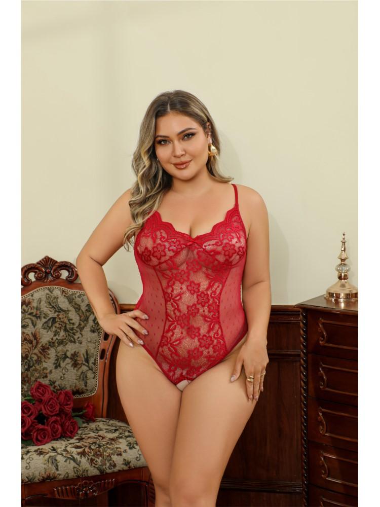 Red Plus Size Thin Underwear Crotchless Teddies Bodysuit Sexy Backless Babydoll Bold Lingerie Women Sex Outfit Erotic Costumes