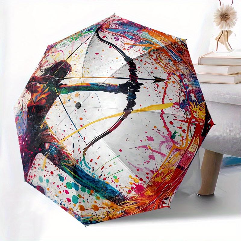 Archery, Abstract Art Automatic folding umbrella simple eight rib design, bright color pattern, durable iron frame, ideal for travel and ou