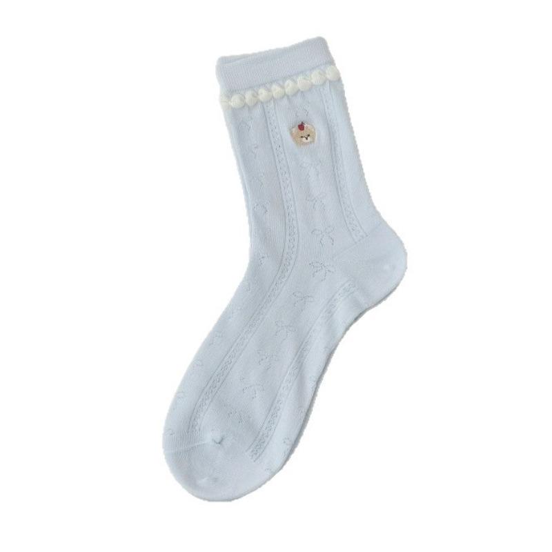 Summer Lightweight Children's Sock Featuring Cartoon Little Bear Embroidery, Thick Pile Socks with Stripes and Letters, Cotton Material