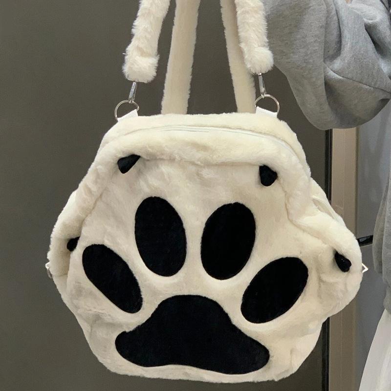 Paw Shape Cats Backpack Plush Large Capacity Embroidered Shoulder Bag Students