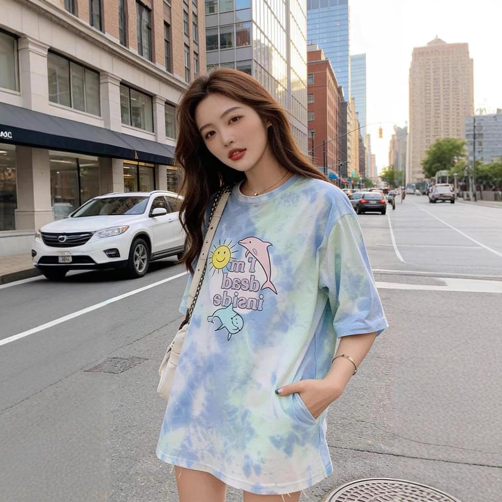 Popular Korean women's tie-dye short-sleeved T-shirt women's summer new loose dolphin top