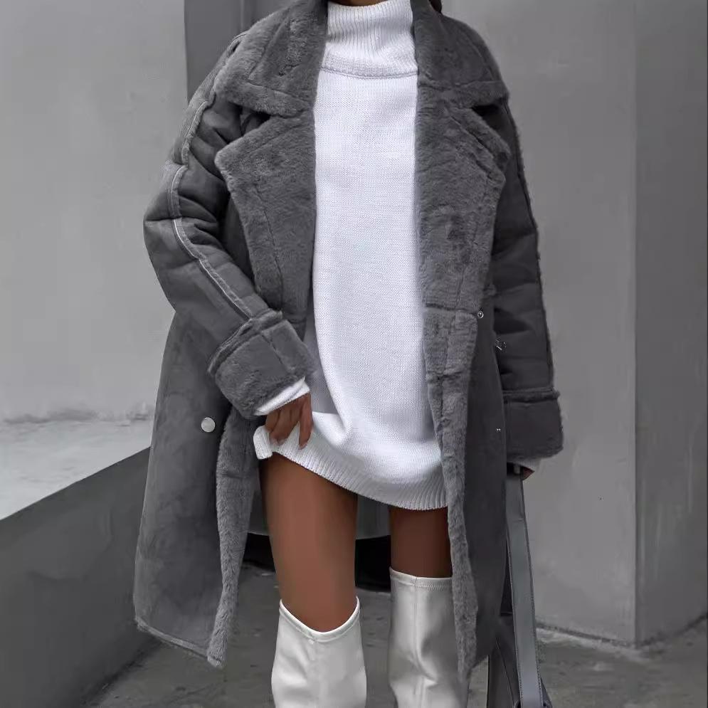Abrigo de gamuza de felpa retro de moda de invierno, cuello de traje, cárdigan largo, abrigo de felpa de manga larga