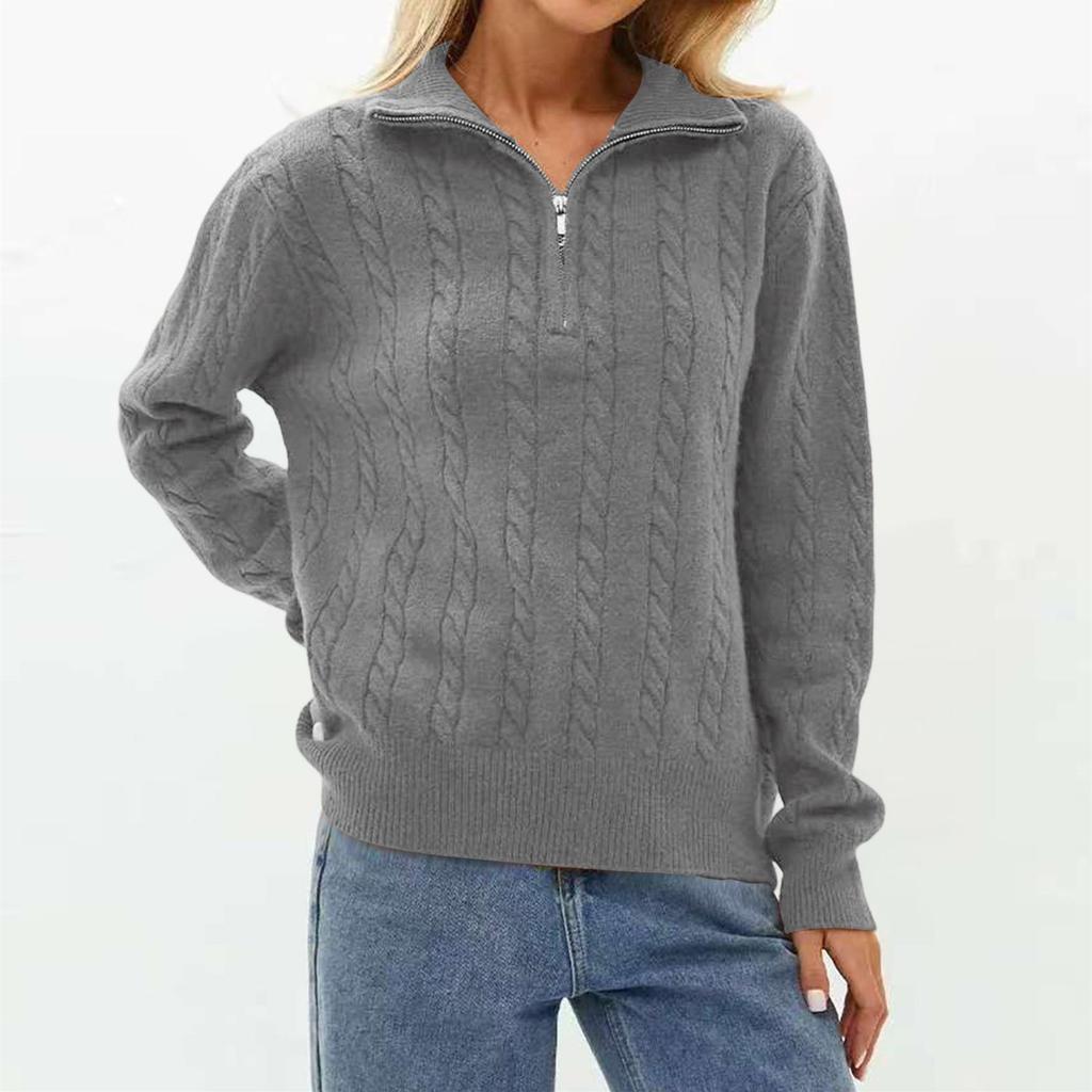 Women's Fashion Casual Loose Lazy Versatile Short Retro Cable Half Zip Long Sleeve Knit Sweater Pullover Sweater
