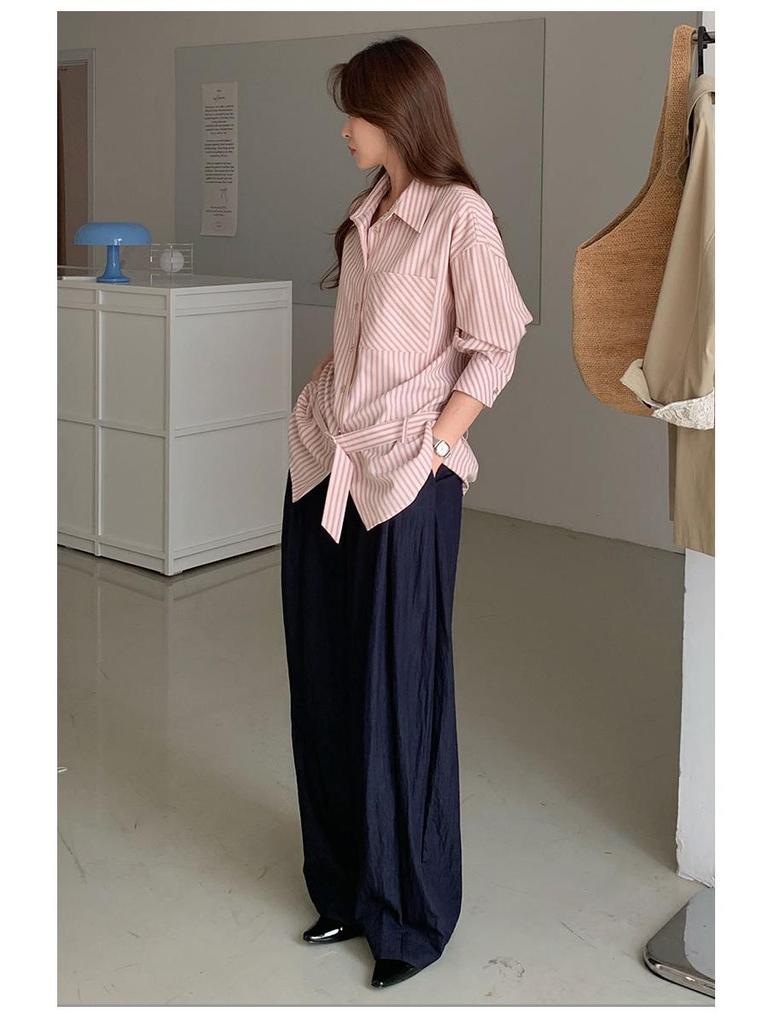 Korean Style Pink Stripe Women's Loose Tie-Waist Casual Long Sleeve Shirt