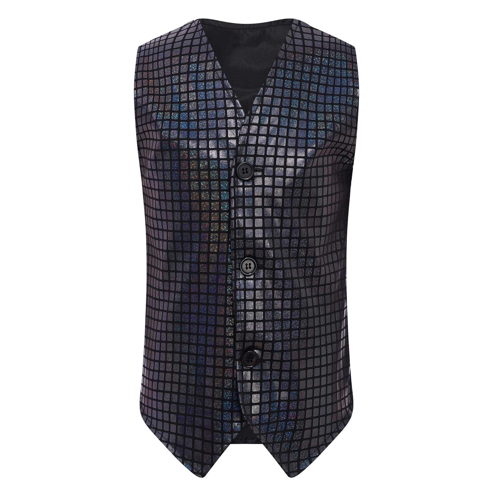 

Boys Girls Dance Stage Performance Costume V Neck Sleeveless Asymmetrical Hem Button Metallic Plaid Vest 2-3 Years чорний