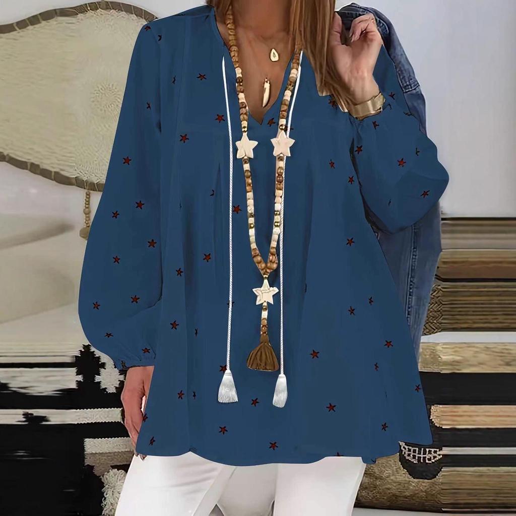 2025 Autumn V-neck Star Print Drawstring Comfortable Casual Loose Batwing Sleeve Pullover
