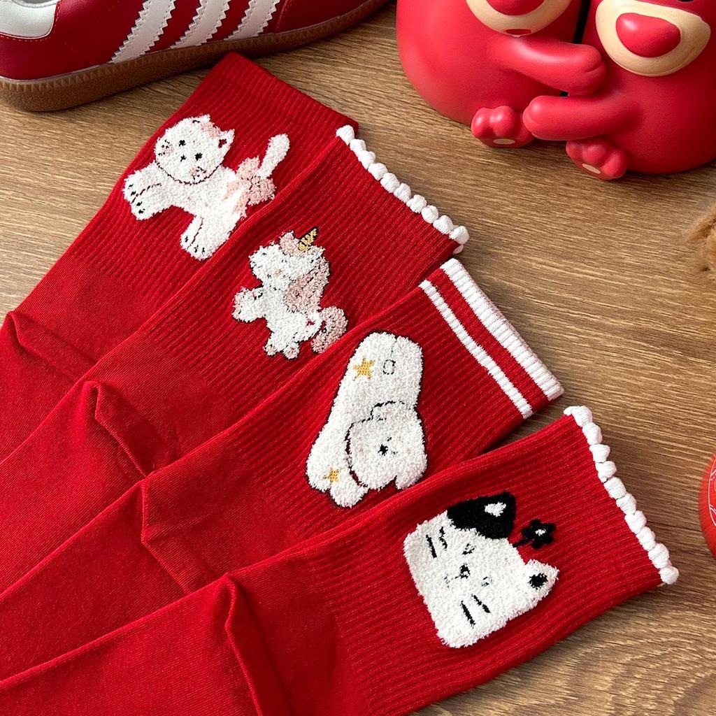 2026 Year of the Horse Red Mid-Calf Women's Socks, 3D Flocked Lucky Cotton Autumn/Winter.