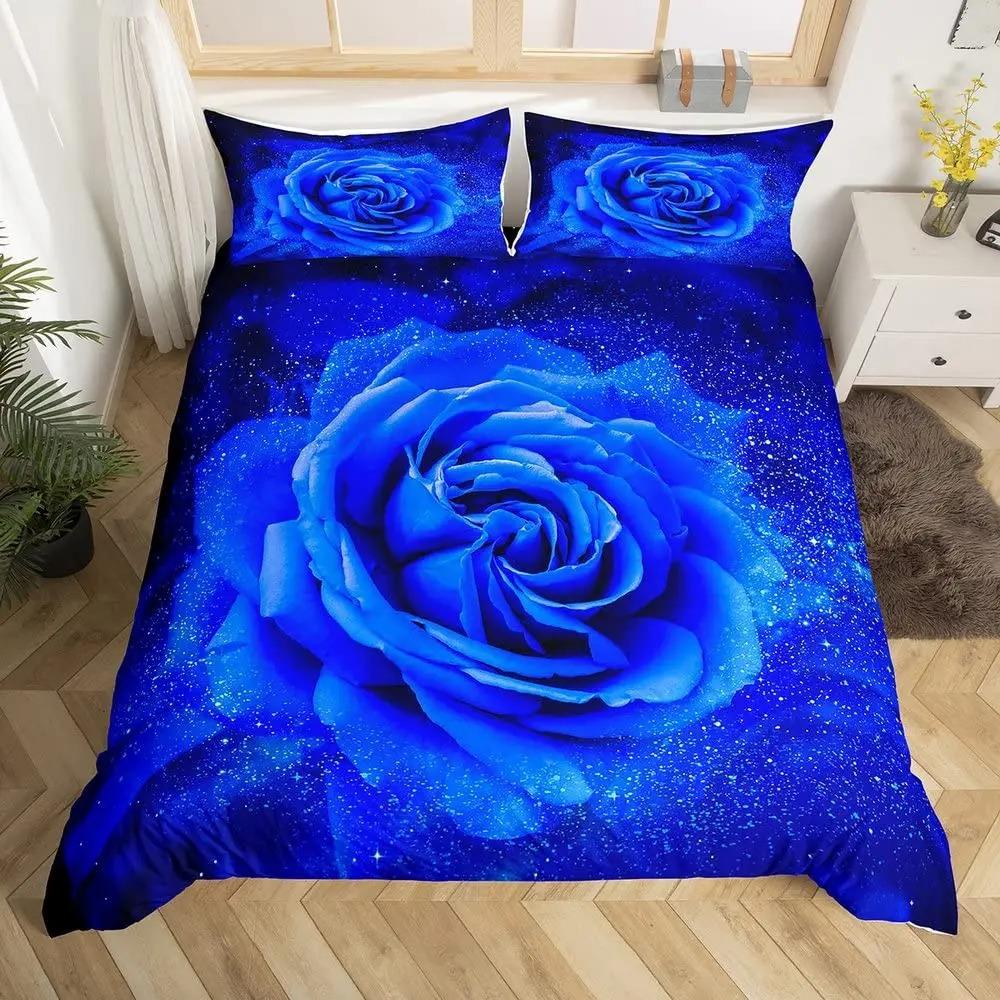 Royal Blue Roses Bedding Set Valentine's Day Flower Duvet Cover Girls Lovers Couple Comforter Cover Floral Polyester Quilt Cover