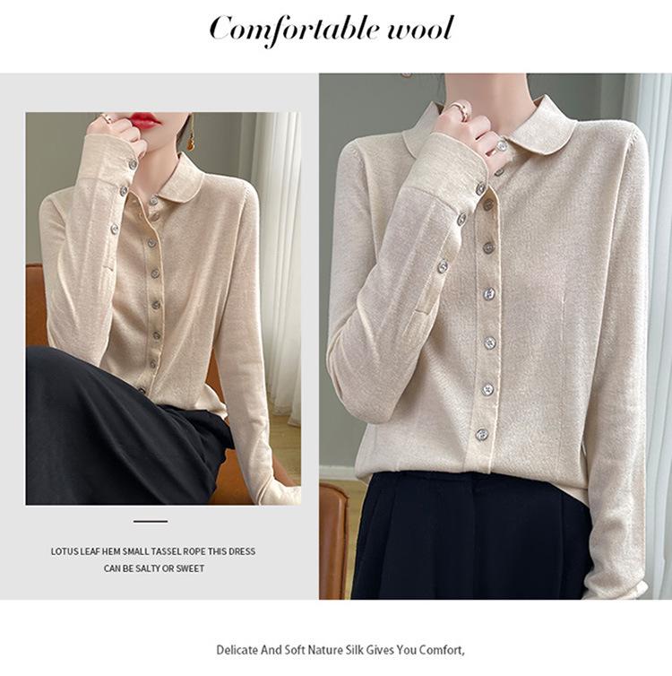 2025 Early Autumn Merino Wool Polo Collar Knit Cardigan, Long Sleeve Solid Color, Loose Fit Versatile Shirt
