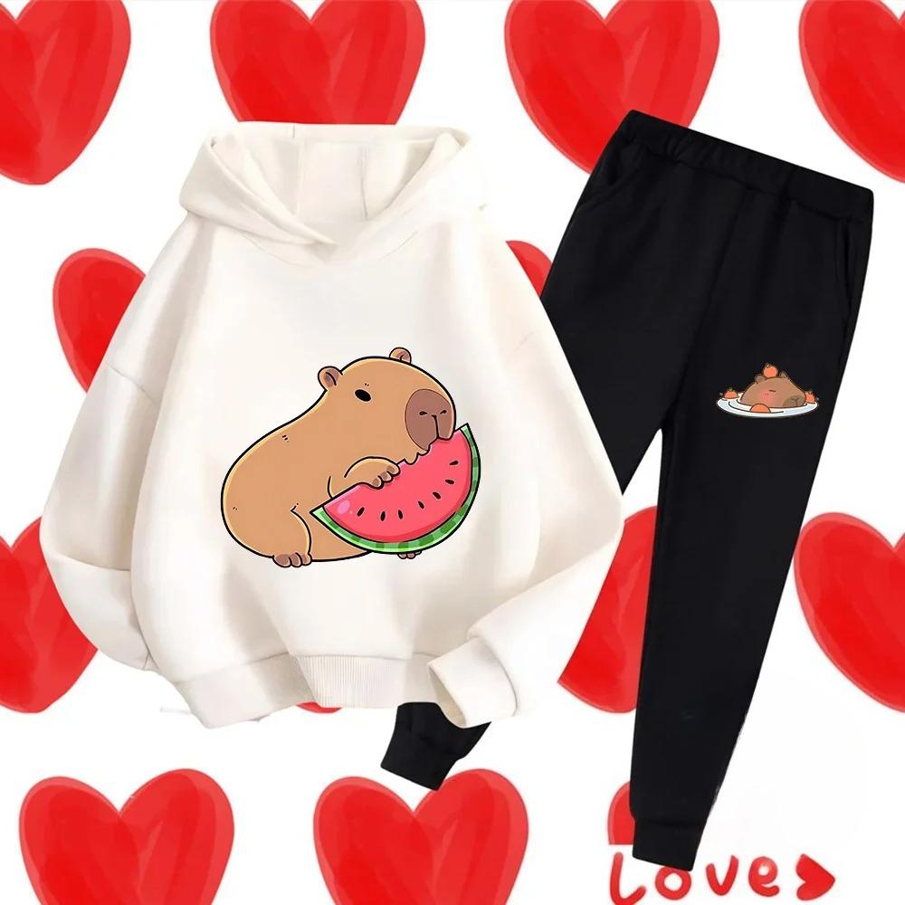 Autumn Winter New Capybara Cartoon Print Outfit Kids Hoodie Set Boys Girls 3-17 Casual Fashion Children's Set Trousers Pant Suit