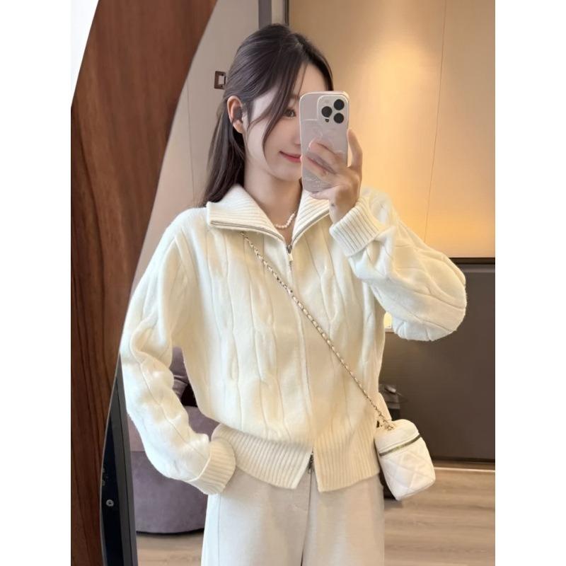 Autumn and winter thickened lazy style short knitted jacket turtleneck twist double zipper cardigan sweater women