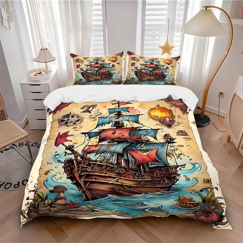 3pcs Pirate Ship Adventure Bedding Set - Includes One Quilt Cover and Two Pillowcases (No Core) - Perfect for Home Decor, Festive Gifts, Polyester Fab