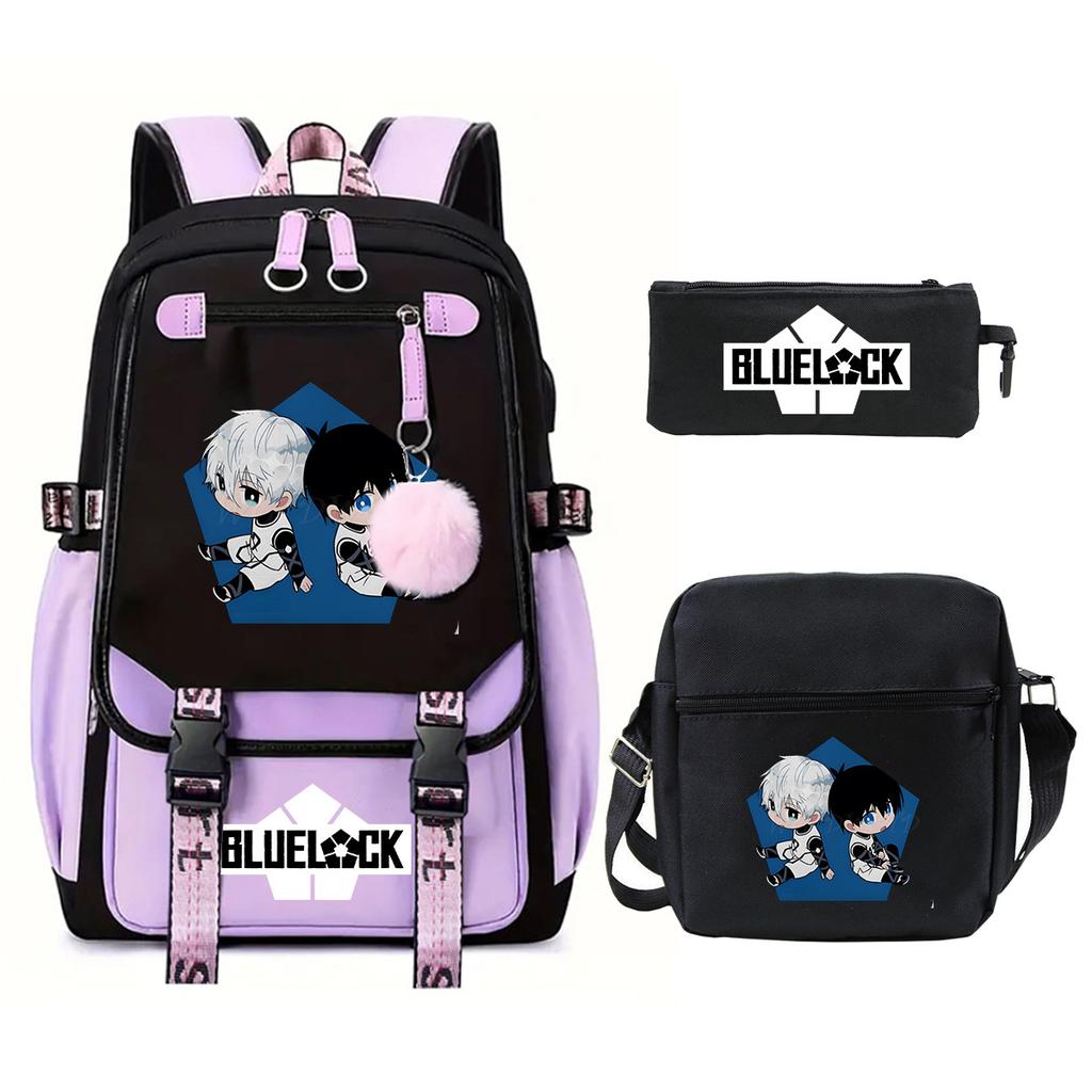Blue Prison Student School Bag Large Capacity Children'S Shoulder Bag Casual Pencil Bag Set
