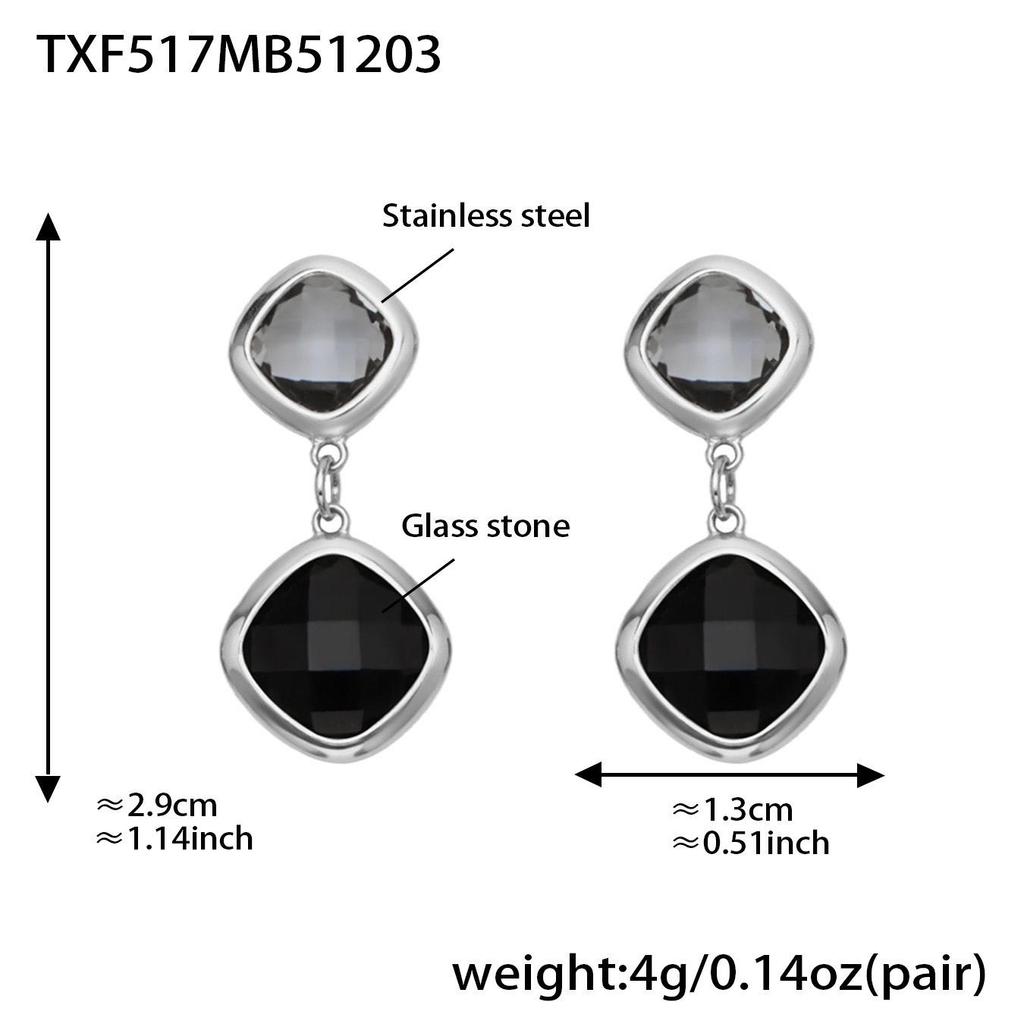 Geometric Glass Stone Earrings & Stainless Steel Bead Necklace Bracelet Set - Multi-color Patchwork Jewelry
