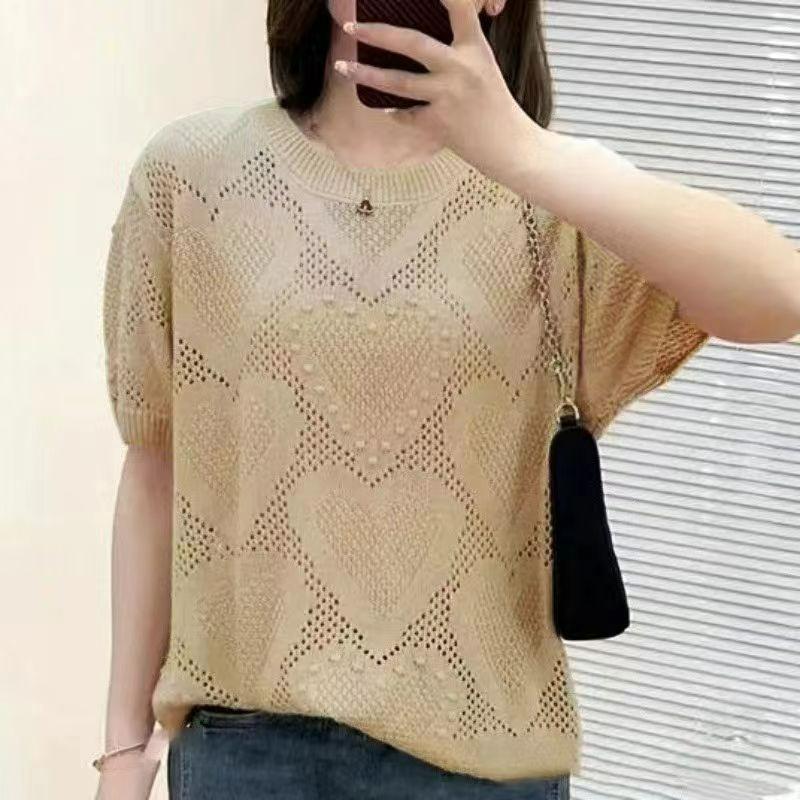 

XS-6XL Children s Hollow Knit Sweater Short-sleeved Loose Thin Summer Round Neck Solid Color Strand Empty Plus Size Mother 6XL хакі