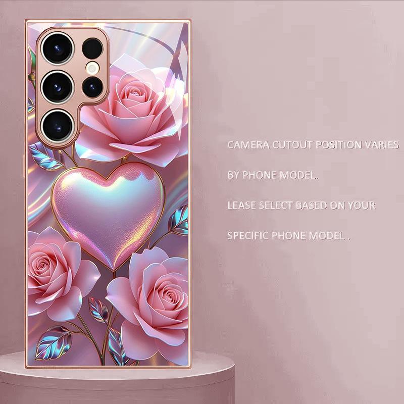 Pink Rose Love Glass Phone Case Suitable for Samsung Galaxy S26 S25 S24 S23 S22 S20 FE Ultra Plus Anti Drop Back Cover